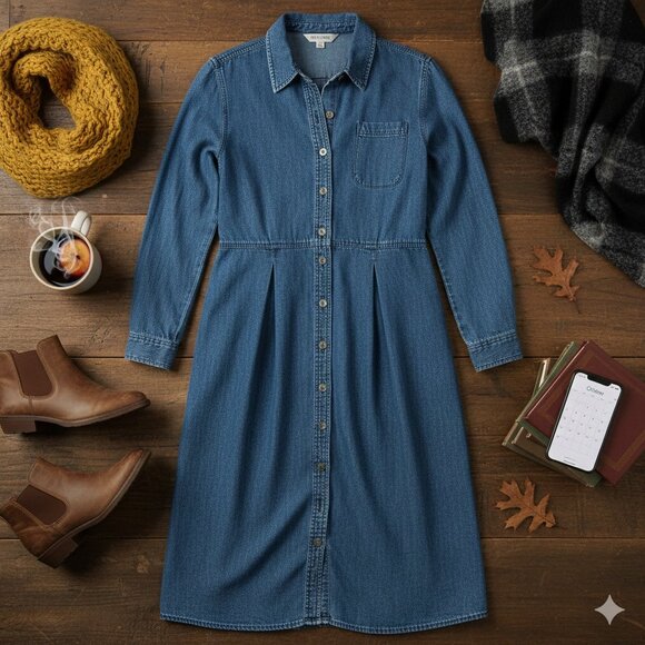 L.L. Bean Vintage Denim Button-Front Midi Dress-8 Petite - Picture 11 of 11